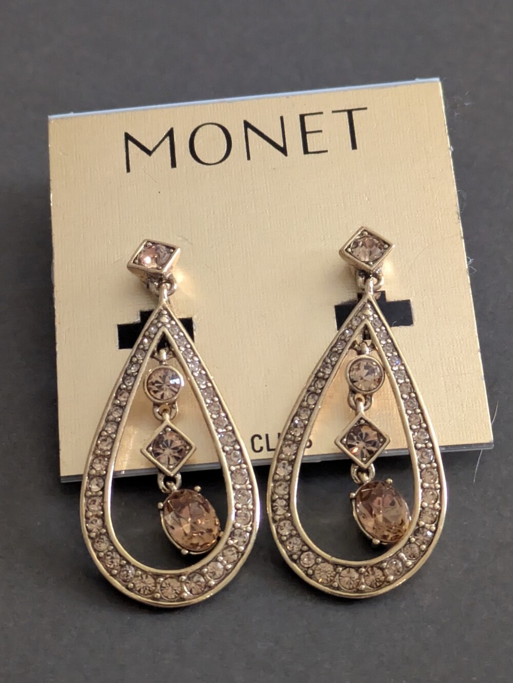 Vintage Monet Gold Tone Drop Chandelier Clip Earrings NWT